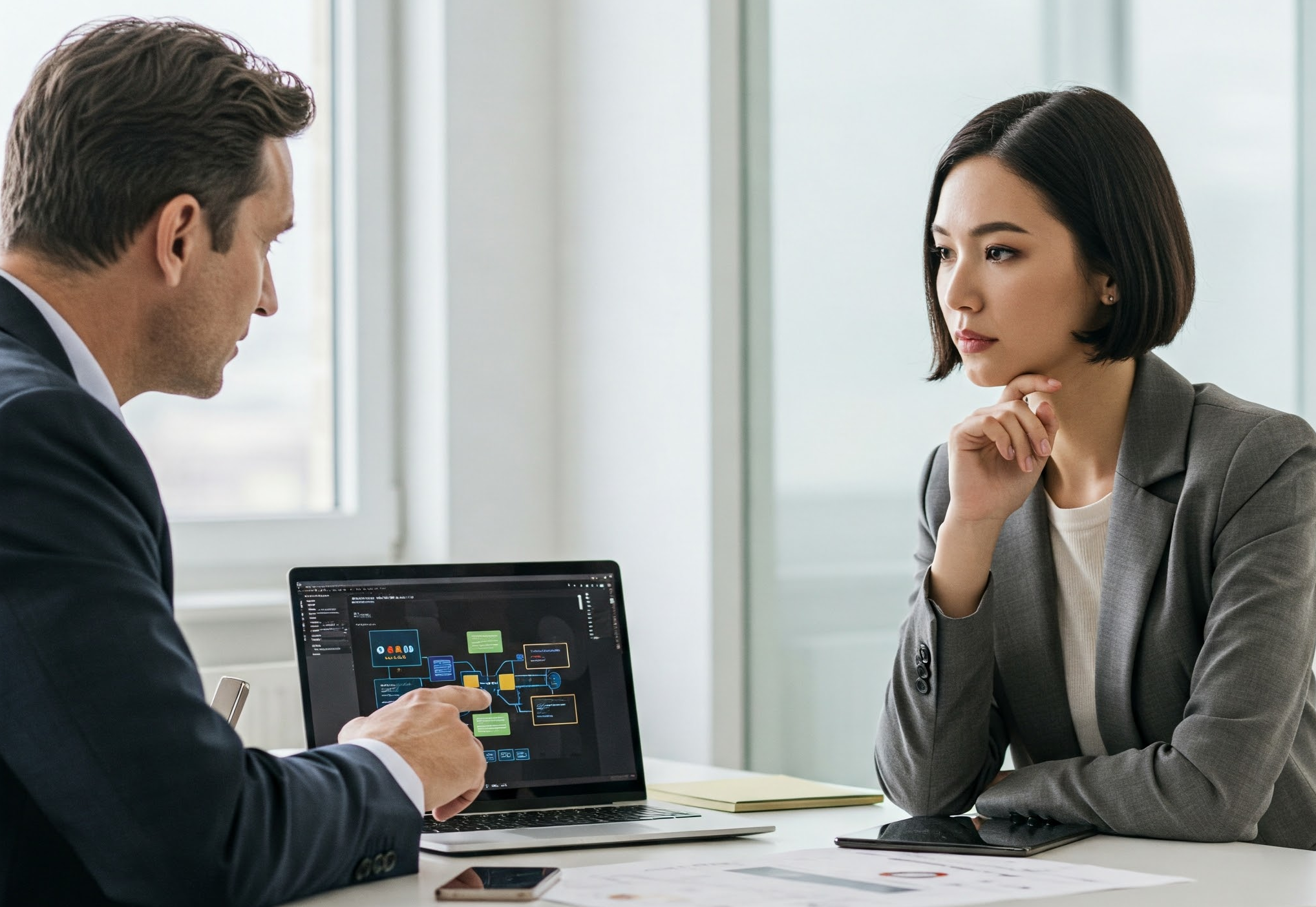 two people sitting at a table, discussing requirements for an application modernization project. One person is pointing at a laptop screen, while the other person is listening